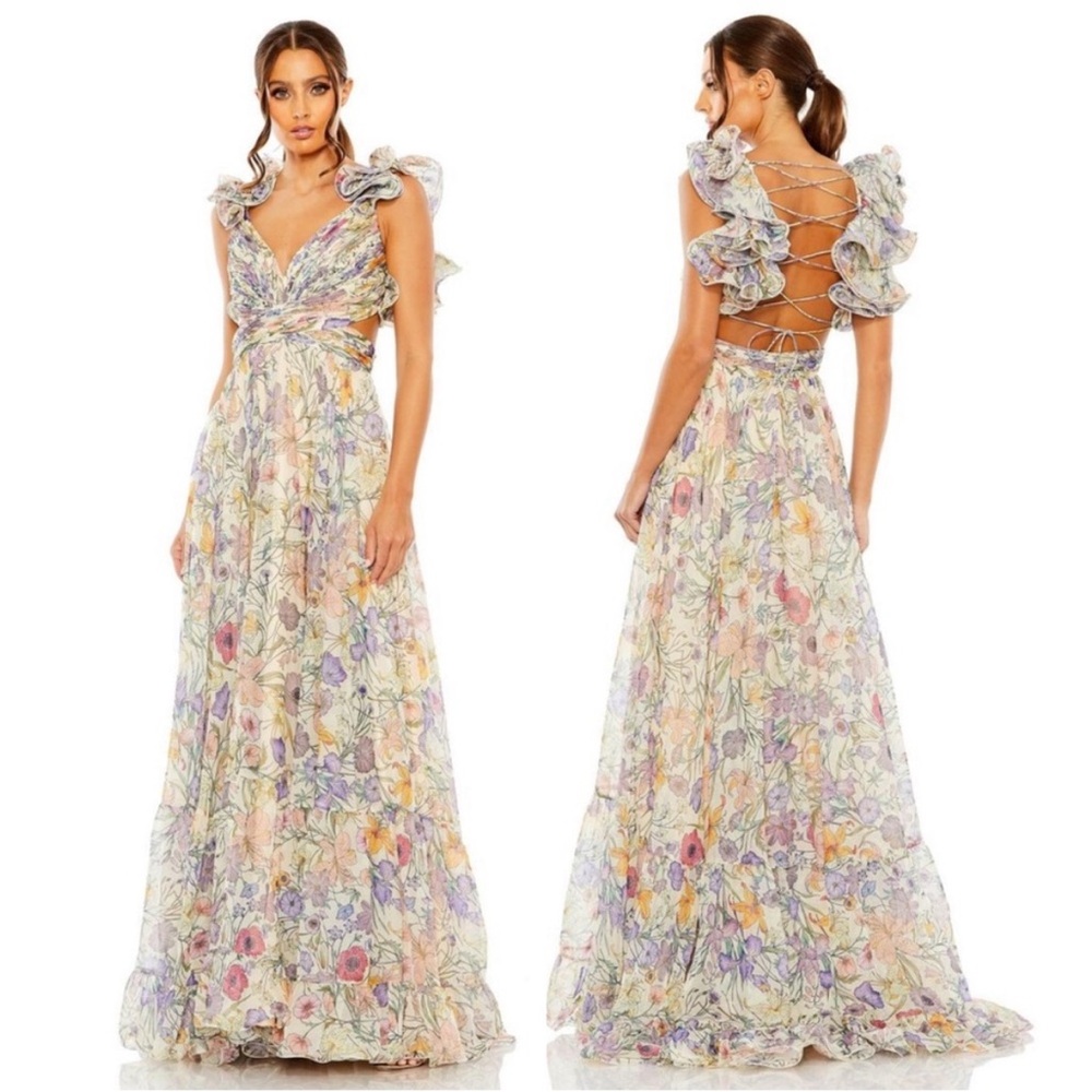 Mac Duggal 68517 Flutter Sleeve Chiffon Maxi Dress Size 8 Floral Multi